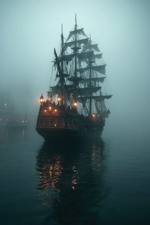A ghostly pirate ship emerges from thick fog illuminated by dim lights. It sails through calm waters creating an eerie atmosphere of adventure and mystery at twilight.の素材