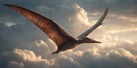 A pterodactyl glides gracefully through the evening sky its wings outstretched against a backdrop of majestic clouds and rugged mountains. The ancient forest lies below untouched by time.の素材