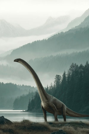 A Nykwebasaurus dinosaur stands gracefully in a tranquil setting with distant mountains dense forests and calm lakes. The scene captures the essence of a primeval world.の素材