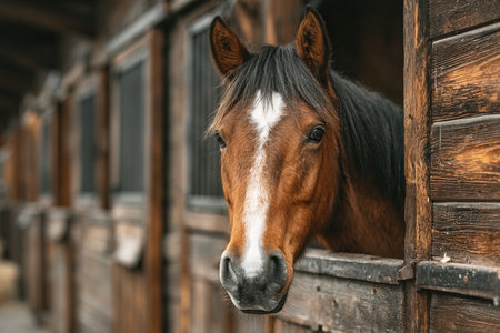 A tidy modern stable featuring a stallion peering from its stall. The clean surroundings highlight a well maintained equestrian space where horses feel comfortable.の素材