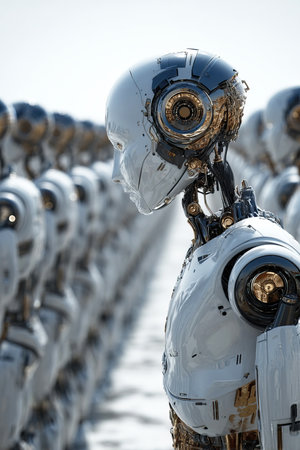 A group of chrome robots stands in a perfect line highlighting the innovation in the android production industry.の素材