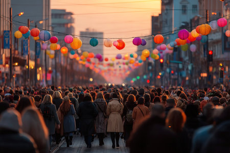 Crowds gather to celebrate St Patricks Day in the evening glow of colorful lanterns. The street is filled with laughter and joy as people enjoy the festive atmosphere.の素材