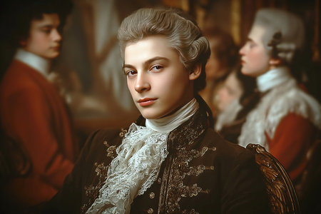 A young musician dressed in elegant attire poses confidently. He exudes charm and talent reminiscent of the famous composer Wolfgang Amadeus Mozart.の素材