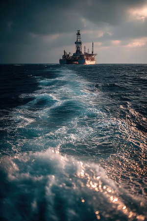 An oil rig stands in the sea under a cloudy sky while waves ripple from the vessel. The recent tanker oil accident has raised alarms about potential ecological disaster in nearby waters.の素材
