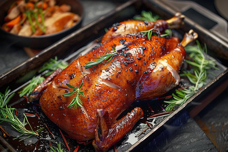 Peking duck traditional Asian Chinese restaurant dish, fried poultry with crispy skin. Header banner mockup with copy space.の素材