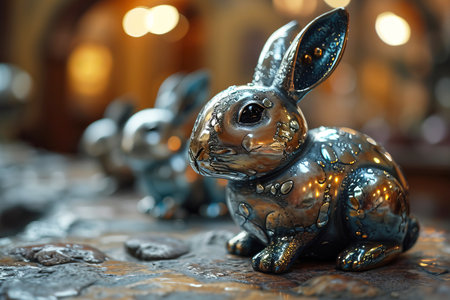 A collection of shiny chrome bunny exoskeletons is arranged next to vibrant metallic Easter eggs amidst a techno themed celebration. The scene captures a futuristic Easter atmosphere.の素材