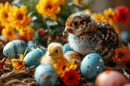 The vibrant arrangement features colorful Easter eggs a fluffy yellow chick and a curious rabbit surrounded by blooming flowers creating an enchanting springの素材