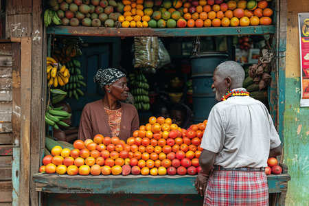 African stall with exotic tropical fresh fruits, sellers Africans smiling friendly. Header banner mockup with copy space.の素材