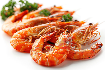 Shrimp boiled in bulk, white background isolate. Sea orange food, culinary ingredient shellfish. Header banner mockup with copy space.の素材