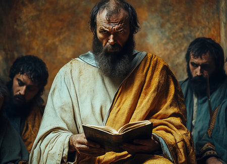 Apostle Paul dressed in ancient garments reads a prayer from a book to his attentive disciples. The somber setting highlights their devotion and the gravity of the moment.の素材