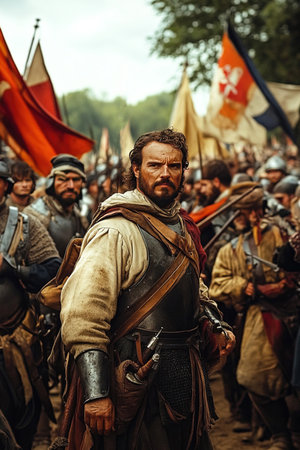 A group of soldiers dressed in medieval combat gear gathers displaying during the Anglo French Warix of military banners 1202 and 1214.の素材