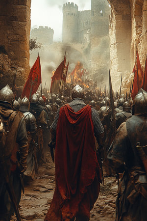 Crusaders prepare for battle against Saracens during the siege of Constantinople. Saladin's forces advance through the city gates amid flags and smoke in a moment of historical conflict.の素材