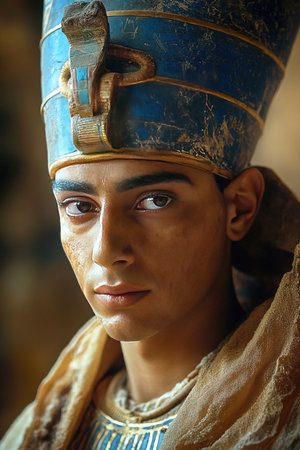 Detailed representation of Akhenaten an ancient Egyptian pharaoh showing his distinctive headdress and attire.の素材