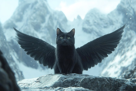 This stunning visual captures a black cat adorned with large wings standing confidently on a rocky surface. In the background towering snow capped mountains create a breathtaking winter landscape.の素材