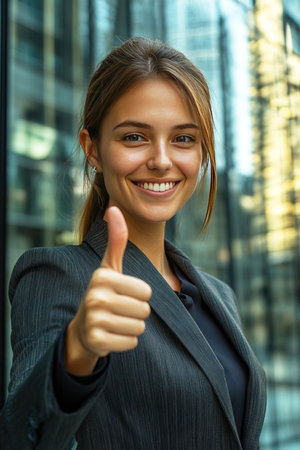 A woman in a business suit smiles broadly while giving a thumbs up. She stands in front of glassy office towers radiating positivity and professionalism in an urban setting.の素材