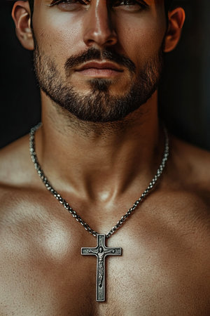 A bare chested believer showcases a Christian pectoral cross on a chain against a dark background. The cross symbolizes faith and spirituality reflecting devotion and belief.の素材