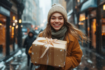 With a joyful smile a young woman runs out of a hardware store holding a beautifully wrapped gift. The scene captures her excitement on a festive day in the city.の素材