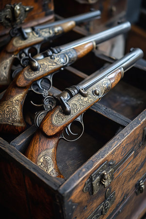 A set of intricately designed vintage flintlock pistols rests in a wooden chest showing detailed metalwork and polished wooden grips.の素材