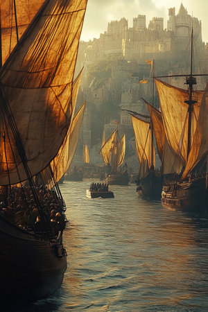 In a vibrant trading port medieval merchants engage in commerce as ships with billowing sails navigate the shimmering waters.の素材