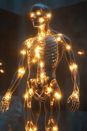 A striking representation of a human figure with illuminated joints showcasing neon light effects. The artwork draws attention to the body's pain points creating a captivating visual experience.の素材