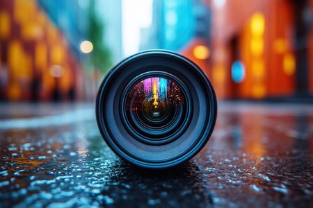A photographer holds a large lens pointed towards a colorful cityscape.の素材