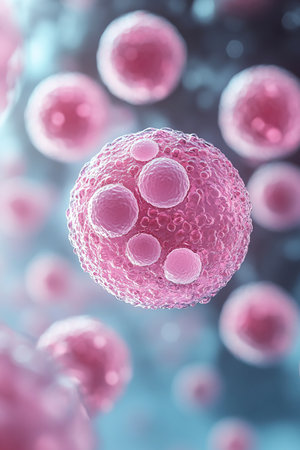 Light pink reproduction cells are visible under a microscope in their natural environment. This observation highlights the cellular structures involved in sperm reproduction and development.の素材