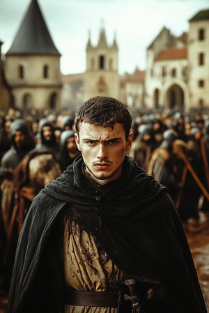 A group of soldiers gathers in a medieval town surrounded by old architecture. The atmosphere is charged with anticipation reflecting the turmoil of the Religious Wars in France.の素材