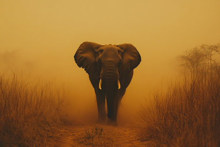 An elephant confidently strides through a dusty savannah surrounded by tall grass and a hazy orange sky. The atmosphere evokes a sense of adventure in an African landscape.の素材