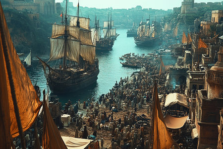 Crowds gather at a busy slave market by the port where various boats are moored. The activity highlights a historical context of commerce and trade in a bustling maritime environment.の素材