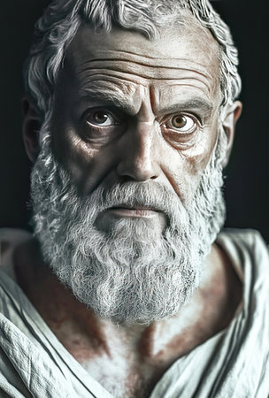 Sophocles an influential Athenian playwright is depicted with striking expression and dignified presence showing wisdom and depth associated with his tragic works from ancient Greece.の素材