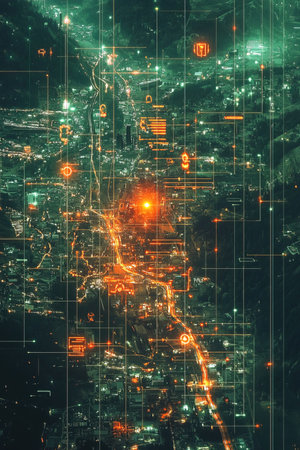 Satellite surveillance reveals real time military operations in an urban area with soldiers on move and military equipment being deployed highlighting strategic positioning and actions.の素材