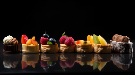 A variety of restaurant desserts are beautifully arranged in a row against a black background. Each dessert showcases unique colors and textures appealing to dessert lovers' senses and tastes.の素材