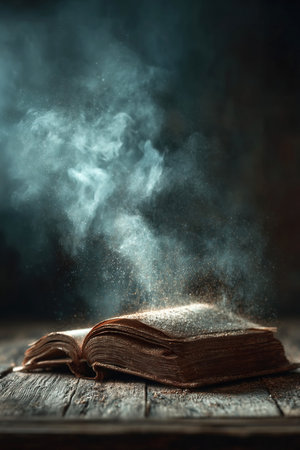 An ancient book rests on a wooden surface as wisps of dust spiral upward symbolizing the unveiling of timeless knowledge. The setting exudes an aura of mystery and antiquity.の素材