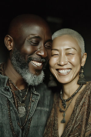 A black man and an Asian woman share a joyful moment smiling widely as they celebrate their love and connection. Their warmth radiates showcasing a strong bond in a cozy setting.の素材