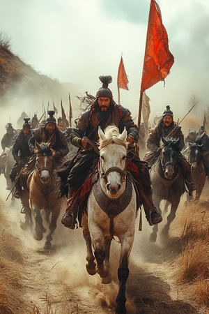 A group of fierce Mongolian warriors on horseback charge across an open field waving red flags.の素材