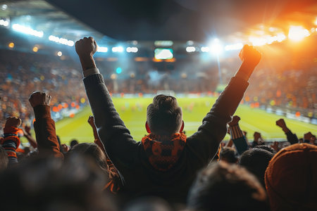 Spectators are immersed in the passionate atmosphere of a European football match with excitement filling the air as they cheer passionately for their teams.の素材