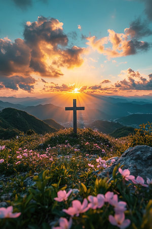 A cross stands on a mountaintop bathed in the rays of the rising sun surrounded by blooming flowers and mountains in Jerusalem. The serene atmosphere conveys a strong sense of peace.の素材
