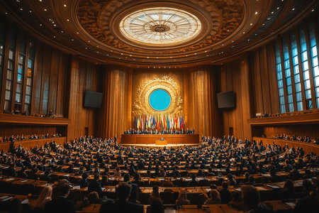 Delegates from various countries assemble in a grand hall engaging in discussions and collaboration on vital global matters. The atmosphere is filled with diplomatic energy and cooperation.の素材