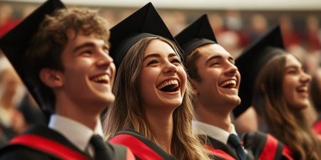 Students in graduation uniforms express joy and excitement at the end of their academic journey during a ceremony. Laughter fills the air as they commemorate their achievements together.の素材