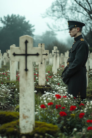 A soldier in uniform stands solemnly among graves in a military cemetery paying tribute to the memories of those who served. Flowers bloom around the white crosses on a foggy day.の素材