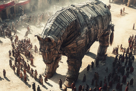 Aerial view captures a wooden massive horse placed in an ancient battlefield. Soldiers and civilians gather around witnessing a pivotal moment inspired by the myth of the Trojan War.の素材