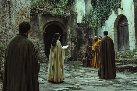 In a dimly lit courtyard a group of priests and monks surround a young woman holding a book. They judge her harshly poised for a fateful decision amidst a backdrop of medieval stone structures.の素材