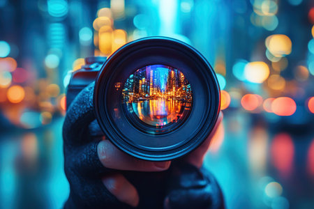 A passionate photographer holds a large lens camera focused on capturing the essence of an urban environment filled with colorful reflections. The backdrop creates a mesmerizing distorted reality.の素材