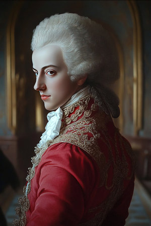 Wolfgang Amadeus Mozart is portrayed in a rich red coat adorned with intricate gold embroidery. He gazes confidently over his shoulder embodying the elegance of his time surrounded by opulent decor.の素材