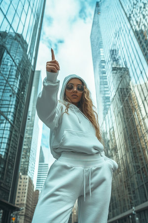 A confident woman dressed in a white tracksuit stands against tall mirrored buildings. She points her thumb downwards creating a striking contrast with her athletic look and the bustling background.の素材