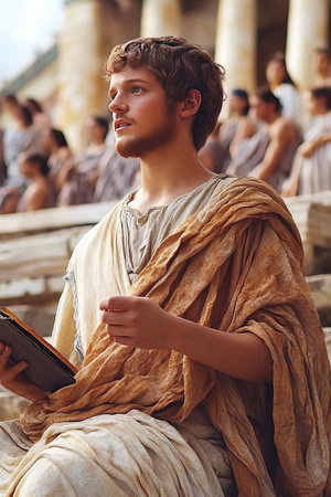 Aristotle passionately lectures a captivated group of young students in a spacious square adorned with Roman style columns. The atmosphere is alive with curiosity and learning.の素材