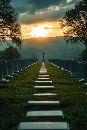 A military cemetery marked by rows of gravestones leads to a central cross under a sunset. The tranquil landscape invites remembrance of soldiers' sacrifices and honors their memory.の素材