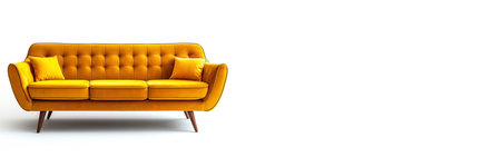 Stylish yellow sofa with tufted design and wooden legs placed against a clean white background. Ideal for modern living room settings and contemporary decor themes.の素材