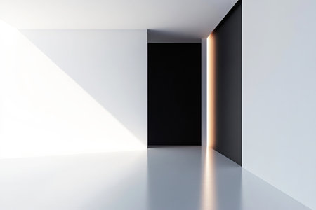 Bright white room exhibits modern minimalist design with a striking black corner accentuated by soft lighting. The spacious area emphasizes clean lines and simple elegance.の素材