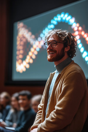 A professor smiles while delivering an engaging lecture on DNA as students laugh and enjoy the lively atmosphere. The background features a colorful projection of a DNA chain.の素材